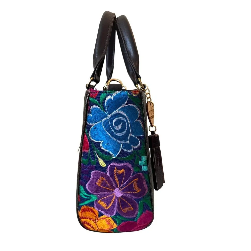 Tooled aqua with Floral  tapestry embroidery crossbody‎ shoulder satchel